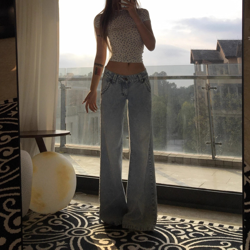 Snowflake Blue White American Style Super Style Retro Western Style Women's light blue Low Waist Straight Jeans Tall Gospel