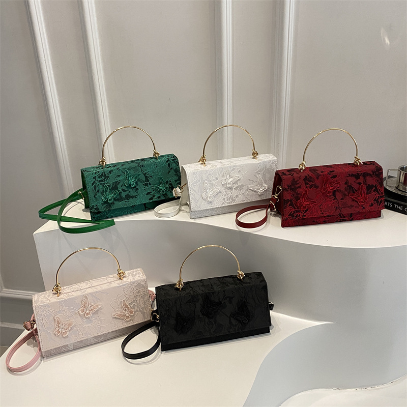 Embossed Lace Solid Color 2025 New Butterfly Embroidery European and American Fashion Single Shoulder Crossbody Handheld Small Square Bag for Women