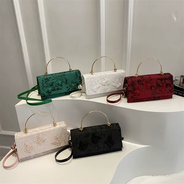 Embossed Lace Solid Color 2025 New Butterfly Embroidery European and American Fashion Single Shoulder Crossbody Handheld Small Square Bag for Women