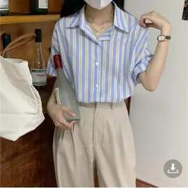 韩版宽松条纹衬衫女2023夏季薄款设计感小众复古上衣