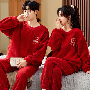 New couple pajamas men's and women's autumn and winter fleece-lined thickened warm flannel home wear suit wedding birth year