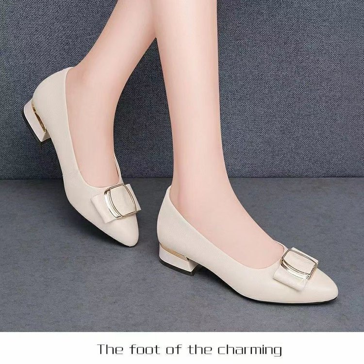 Zapatos de cuero plano de tacón bajo para mujeres 2024 primavera nuevos tacones gruesos y poco profundos zapatos de cuero para mujeres de trabajo