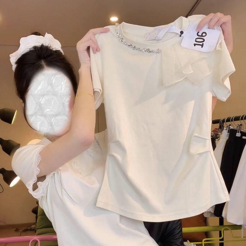 韩系气质百搭短袖T恤女圆领洋气小众设计感时尚夏季新款拼接上衣|undefined