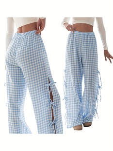 2025 Cross-Border New European and American Women's Wide-Leg Pants Plaid Striped Print Side Tie Loose Style