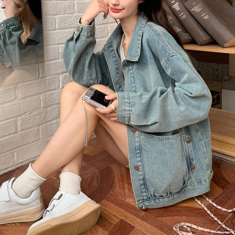 Áo khoác denim nữ dáng rộng phong cách retro, tay dài cổ ve áo — màu xanh denim