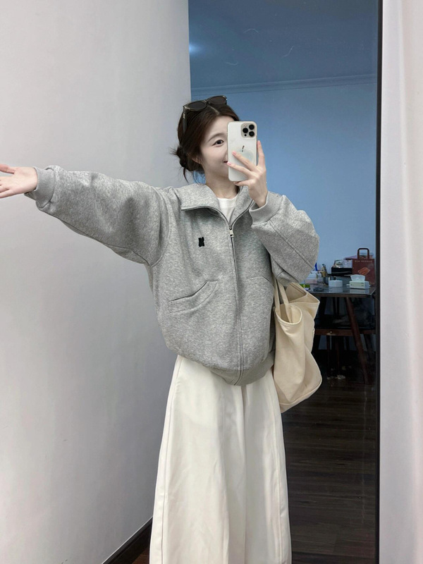 韩系高领空气层灰色连帽卫衣加厚情侣外套女春秋冬季宽边开衫上衣|undefined