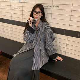 宽松慵懒风休闲条纹口袋衬衫女秋季2024新款廓型拼接撞色长袖上衣