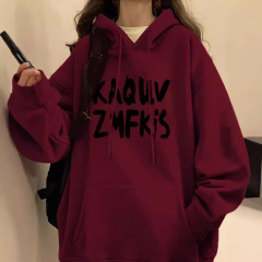 ワインレッドのフード付きの女性は秋冬に起爆したアメリカのレトロなベルベットが厚くてゆるいコートが200斤湿っている