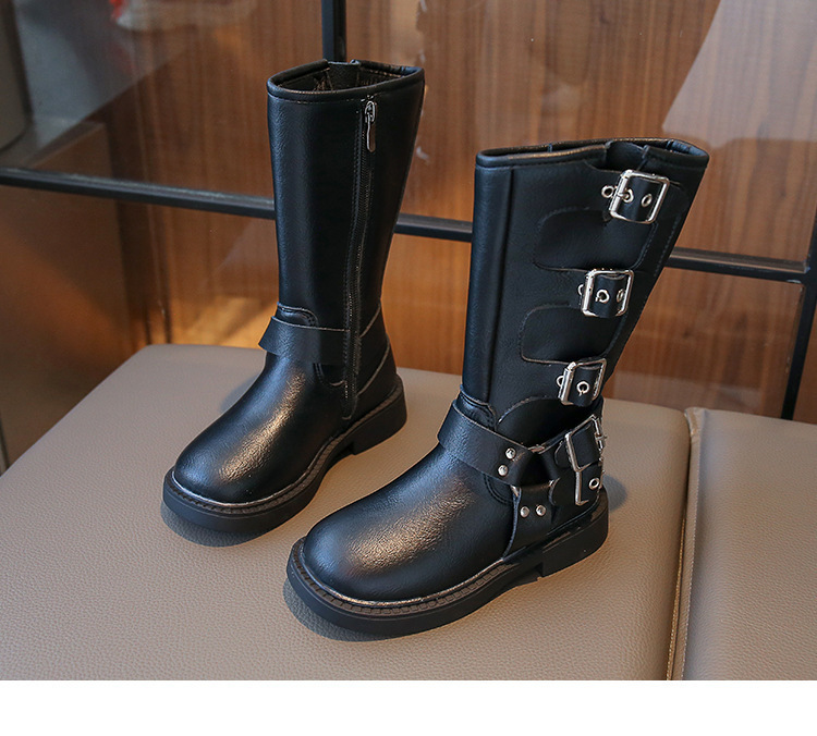 Bottes Martin montantes en cuir noires à fermeture éclair latérale pour filles et garçons de taille moyenne et grande, nouvelle collection automne 2024_voghion.com