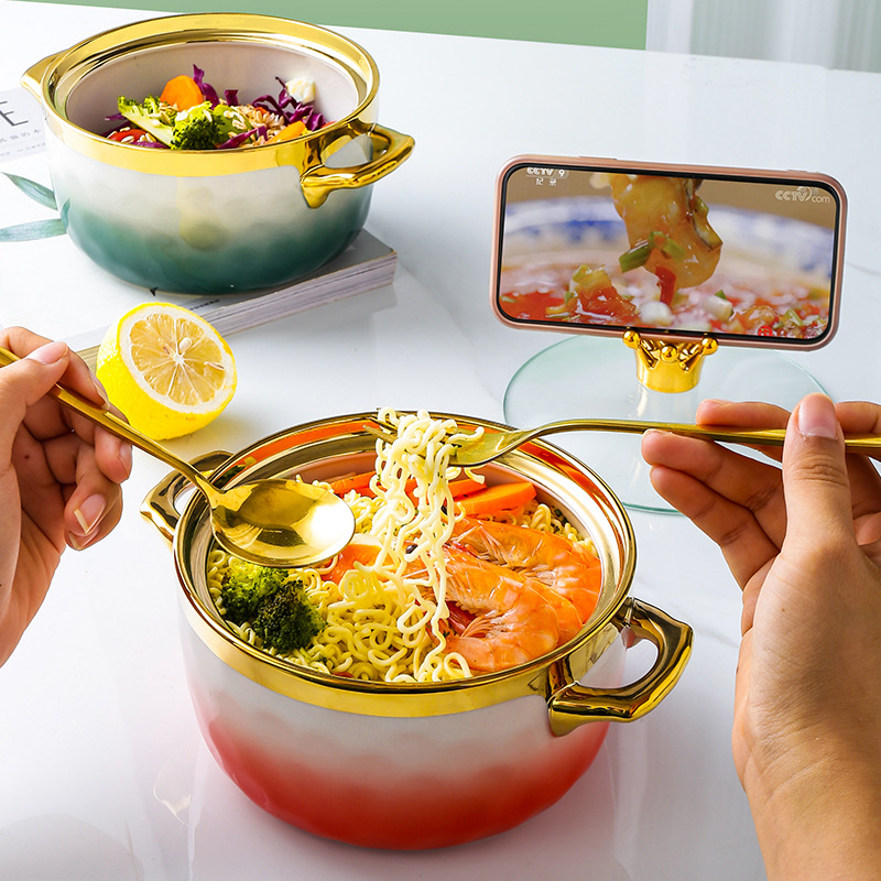 INS japonés-estilo simple tazón de cerámica hogar creativo color sólido gradiente doble-oreja sopa olla con tapa ensalada tazón de fideos instantáneo