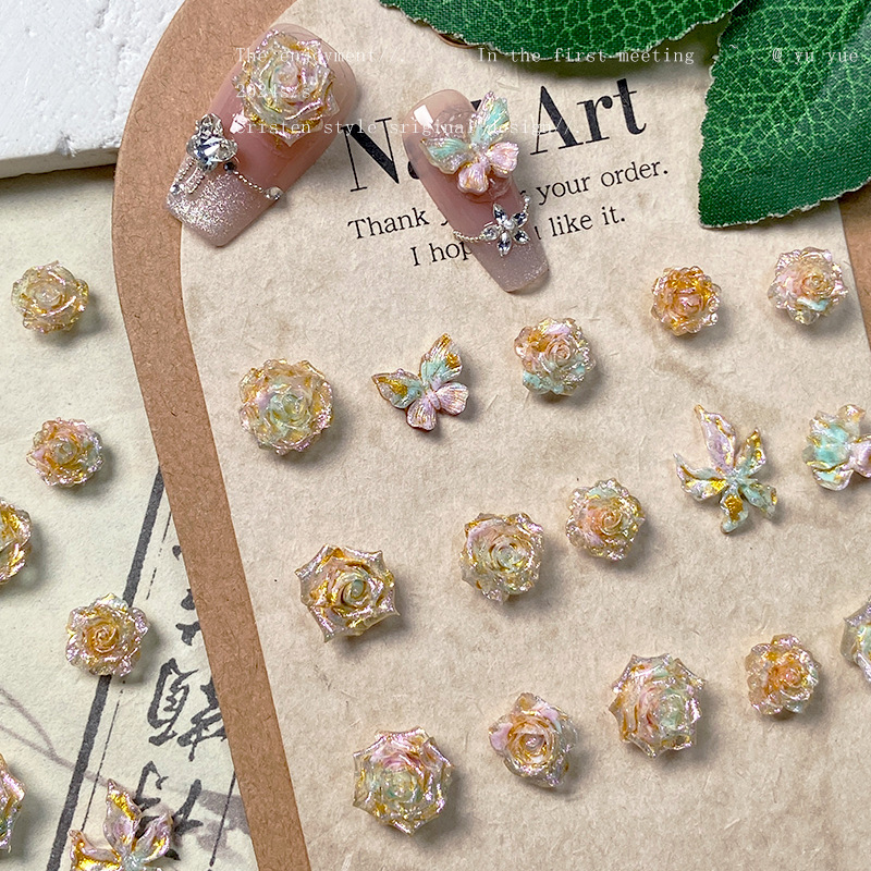 Explosive style melt gold oil painting feeling butterfly nail art jewelry luminous flash exquisite soft flower wearing nail accessories nail art diamond ornaments