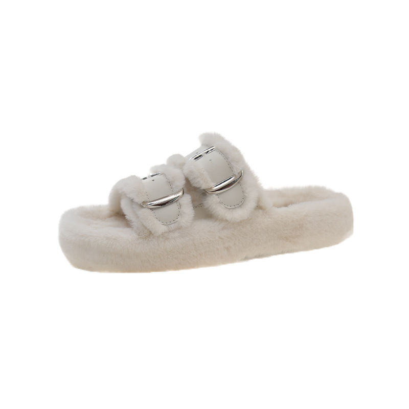 Moda de fondo grueso de hadas zapatillas de pelo de viento para mujeres otoño y invierno 2024 nuevo cinturón de barra paralela hebilla y zapatillas de algodón de tercife para mujeres