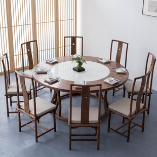 New Chinese Style Solid Wood Club Dining Table and Chair Combination Modern Simple Marble Round Dining Table Restaurant Large Round Table
