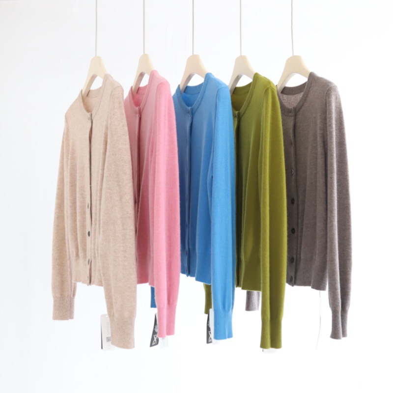 High-quality wool and cashmere single-breasted long-sleeve basic knit sweater for women, autumn and winter solid color sweater cardigan