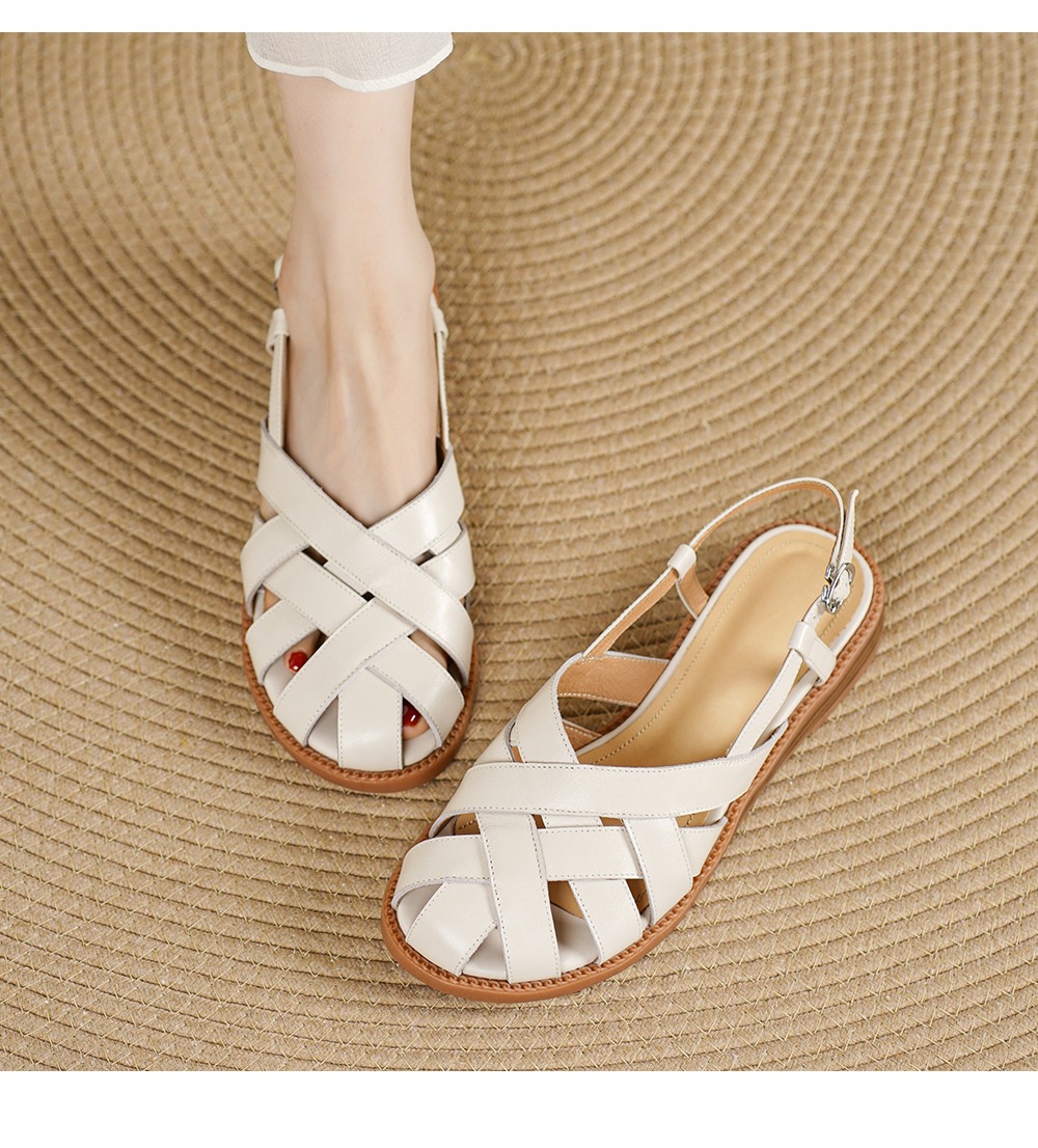 Dép sandal nữ mũi nhọn da bò quai chữ v gót thấp — màu be chi tiết 4