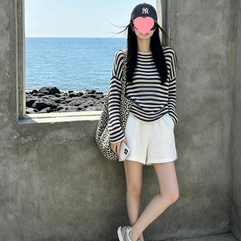 Korean-Style Summer Thin Hollow-Out Ice Silk Long-Sleeve T-Shirt for Women, Loose and Casual Style with Color-Blocking Stripes, Sun-Protective Cover-Up Top