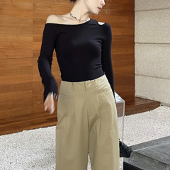2025早秋 斜肩黑色长袖T设计感小心机百搭上衣女