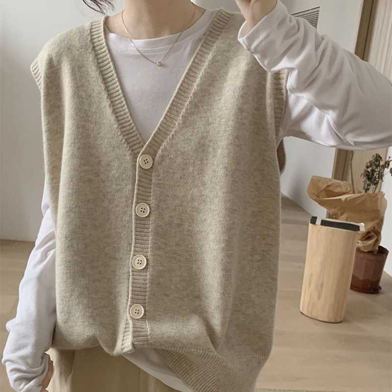 v Neck Knitted vest Jacket Women's Spring & Fall New Loose and Slim Korean Style Simple Sleeveless Age-reducing Cardigan vest