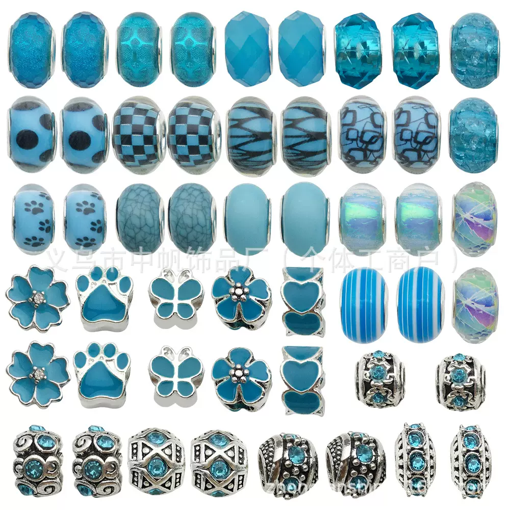 跨境湖蓝色手链项链饰品配件大孔珠DIY穿孔合金点钻散珠串珠子