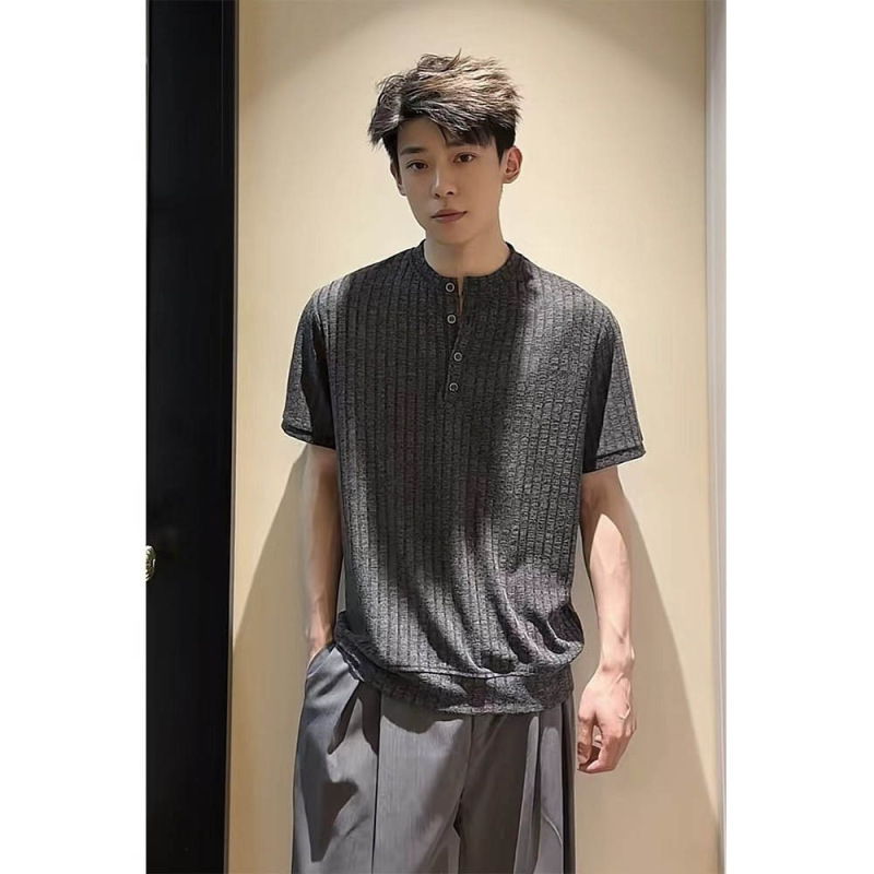Dark Gray Linen-Like Henley Collar T-Shirt for Men, Summer Relaxed Old Money Style Short-Sleeve Polo Shirt, American-Style Regular Shoulder Half-Sleeve