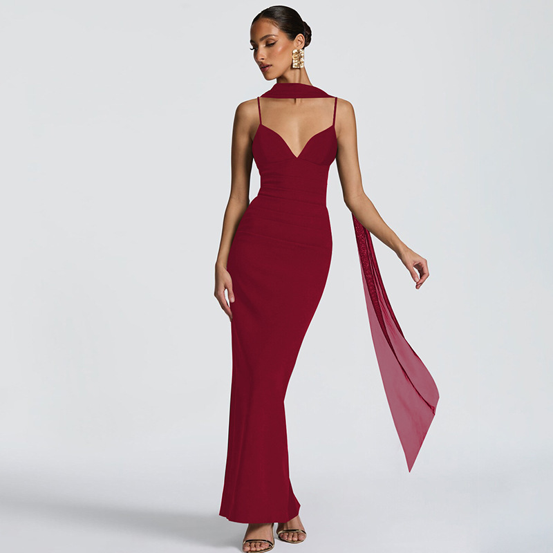 European and American Style Cross-Border 2025 Winter Fashion New Suspender Long Skirt with Streamers, Sexy Slim Dress Wholesale