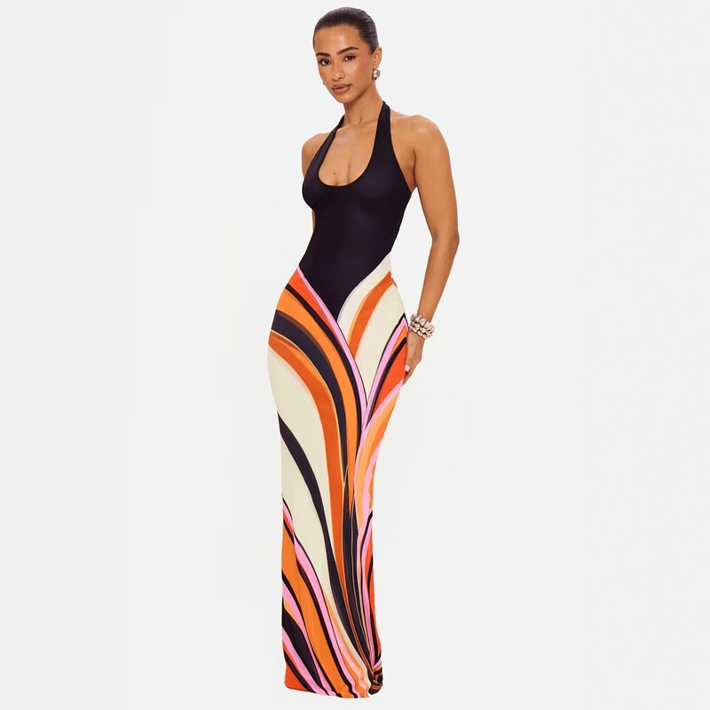 2026 Summer New European and American Style Halter Neck Color-Block Long Dress Sexy Slim-Fit Vacation Style Backless Dress European and American Cross-Border 2026 Summer New European and American Style Halter Neck Color-Block Long Dress Sexy Slim-Fit Vacation Style Backless Dress European and American Cross-Border