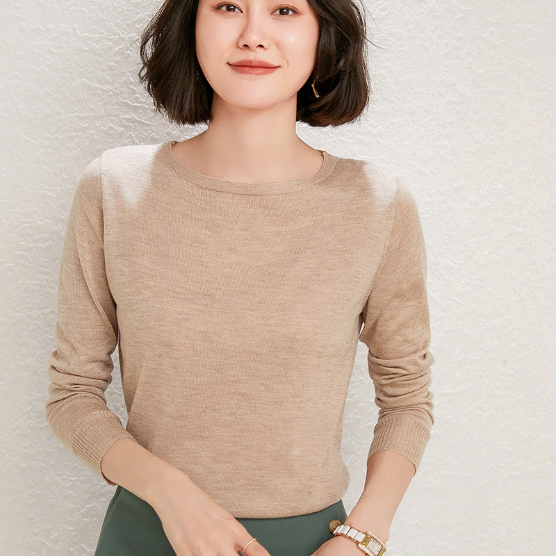 21 Autumn and Winter Elegant Commuter Knitted Long-sleeved Slim-fit Pullover Wool Knitted Sweater Round Neck Solid Color Base Sweater for Women