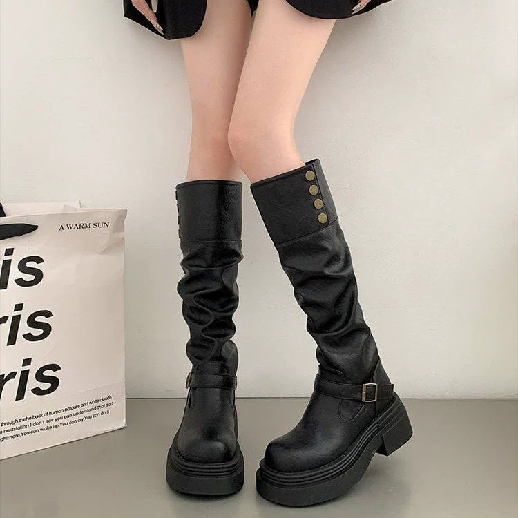 Ретро повседневная пряжка ремня задняя застежка-молния модные сапоги 2024 осень-зима новые толстые подошвы