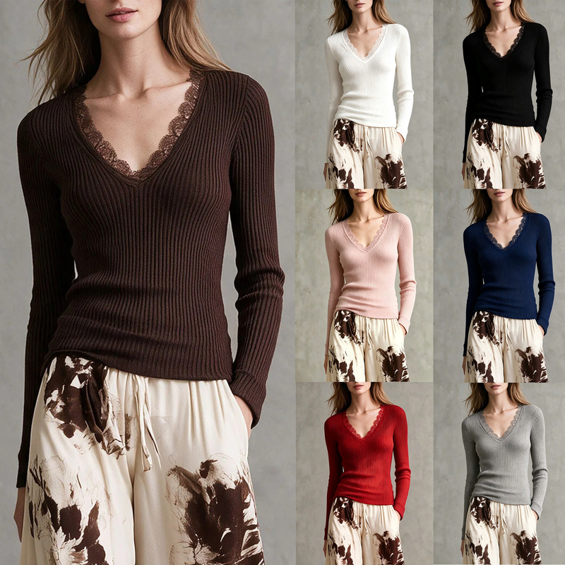 2026 European and American cross-border new women's fashion French lace spliced V-neck elastic sexy slim-fit versatile top 2026 European and American cross-border new women's fashion French lace spliced V-neck elastic sexy slim-fit versatile top