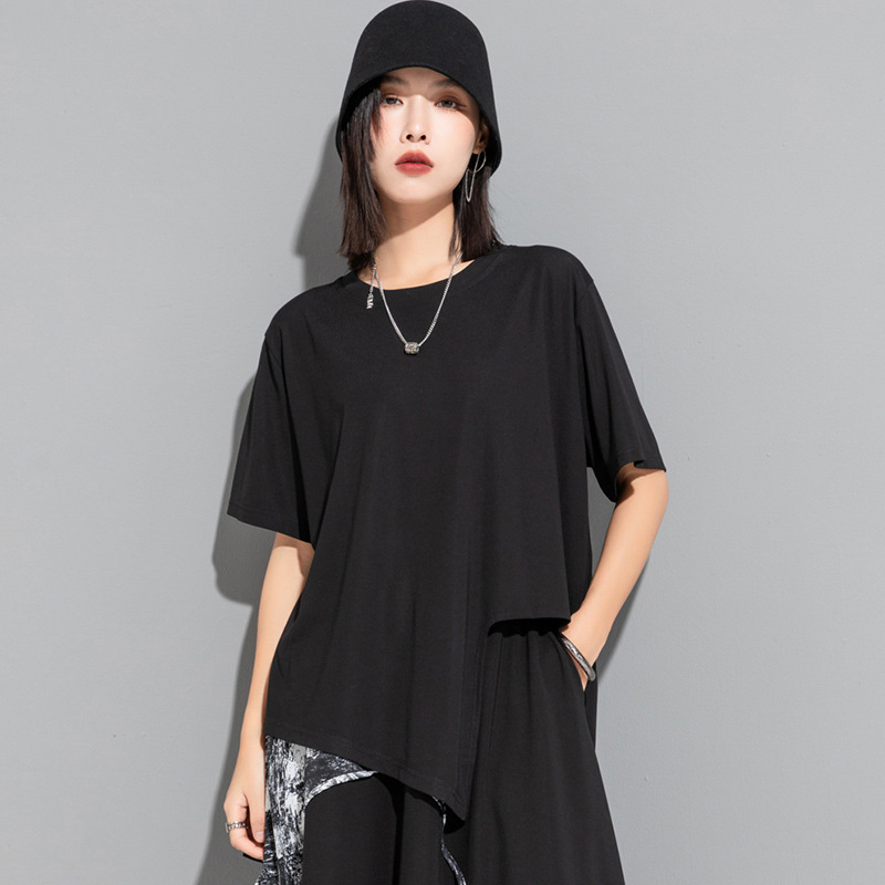 Short-sleeved T-shirt Women's Summer New Distinctive Irregular Large Size Loose Drawstring T-shirt Short Front and Rear Long Casual Top