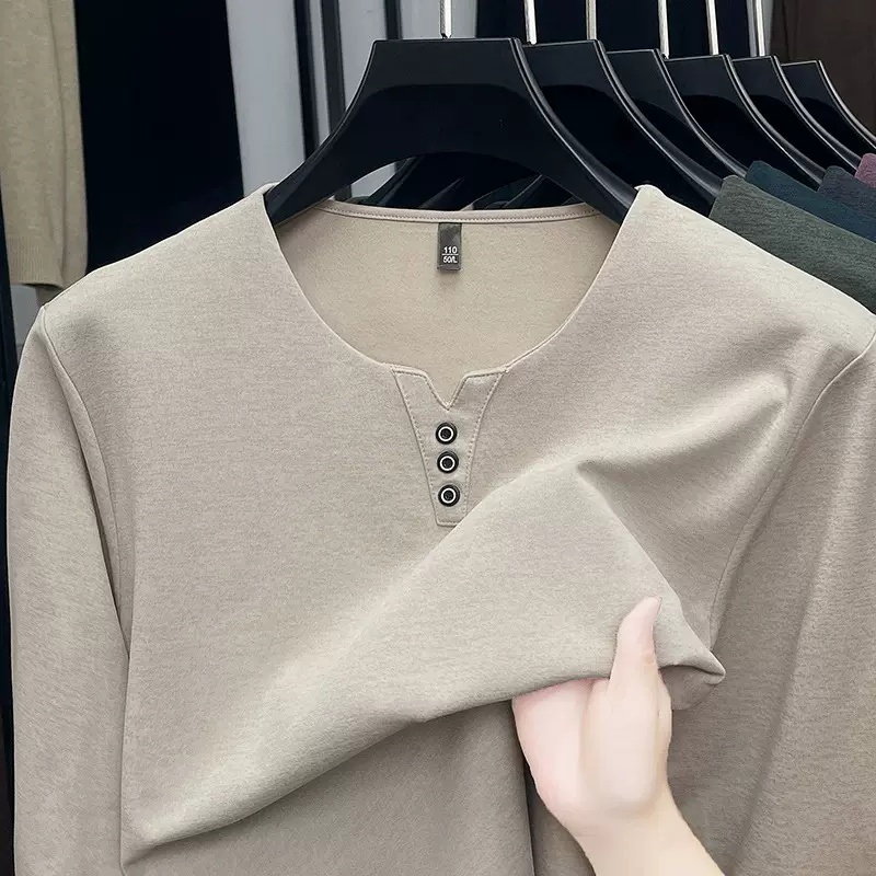 长袖T恤男秋季新款中年男士休闲百搭V领上衣三粒扣t恤衫代发批发