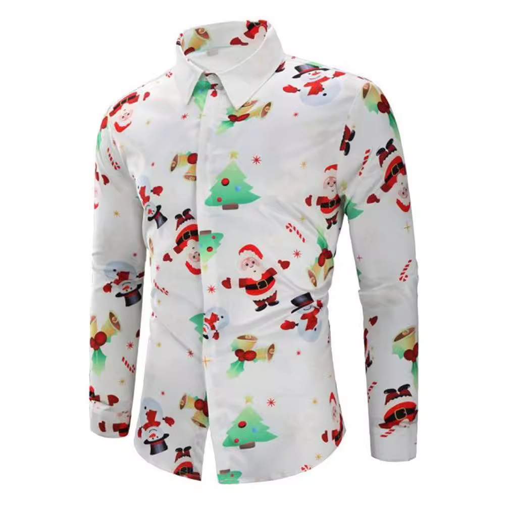 Chemise imprimée Père Noël à manches longues pour homme, style décontracté et polyvalent, 2024_voghion.com