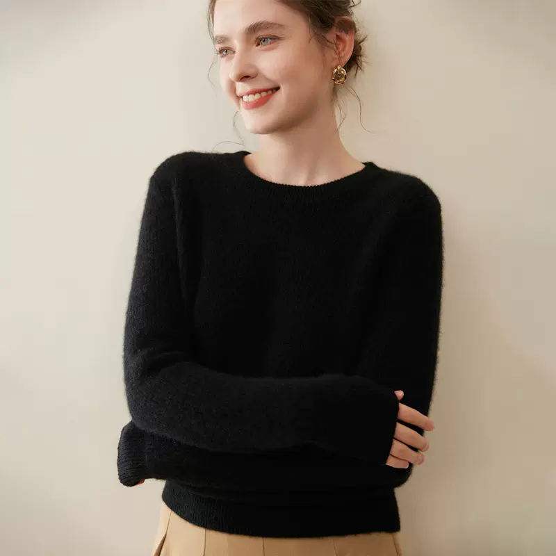 七针元宝针圆领山羊绒衫女短款套头毛衣纯色宽松厚针织打底衫上衣
