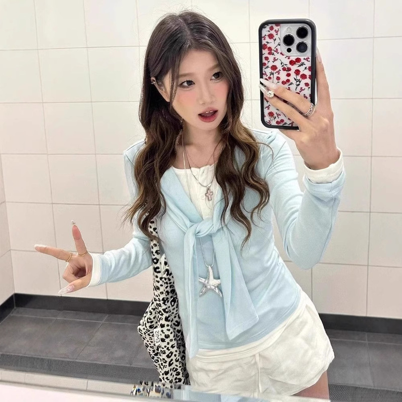 Korean-style Blue Strap Fake Two-piece Long-sleeved T-shirt Women's Spring 2025 New Slim-fit Slimming Unique Chic Top