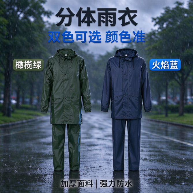 Jihua Zhonggong matte finish, rainproof, and storm-resistant two-piece rain suit, olive green rain jacket and pants set, designed for protection against heavy rain