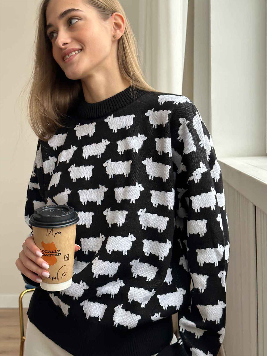 Suéter con estampado de alpaca con cuello redondo transfronterizo, otoño e invierno europeo y americano, nuevas mujeres, suéter casual suelto de cuello redondo, jersey image 5
