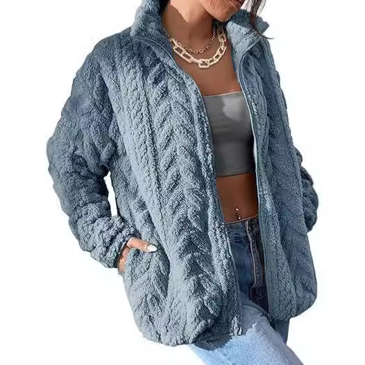 2026 European and American Cross-Border Autumn and Winter Foreign Trade Women's Solid Color Casual Zip-Up Cardigan with Stand Collar and Pockets Fleece Jacket