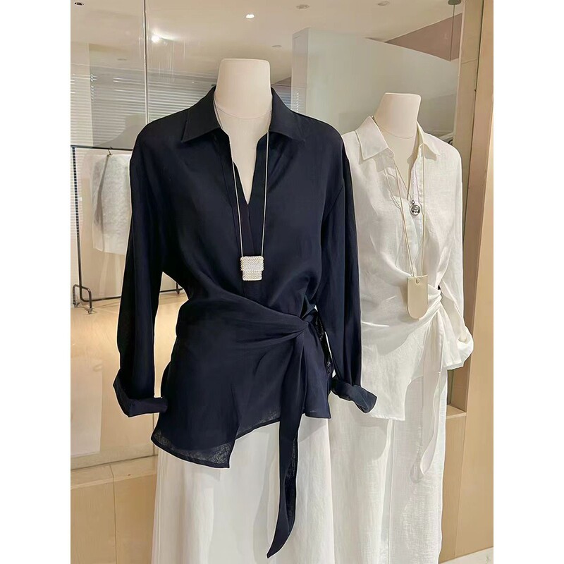 Linen Shirt for Women with a Unique Design, Irregular Tie Waist, French Old Money Style, Relaxed and Elegant Long-Sleeve Loose Top