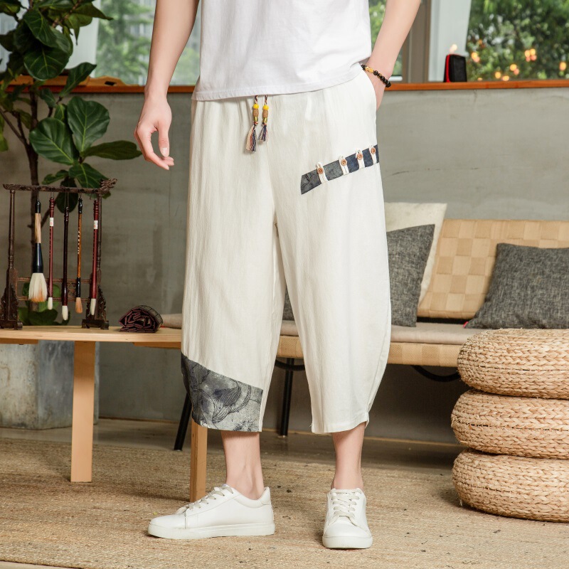 Capri Pants 2025 New Chinese Style Loose Linen Casual Pants Men's Large Size Cotton and Linen Breathable Trendy Capri Pants Wholesale
