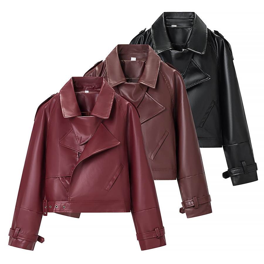 Cross-Border Women's Fashion Autumn New European and American Style Street Fashion Motorcycle Lapel Leather Jacket Short Coat