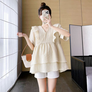 Maternity Summer Fashion Trendy Mom Short-Sleeve V-Neck Ruffle Doll Shirt Petite Fairy Style Top