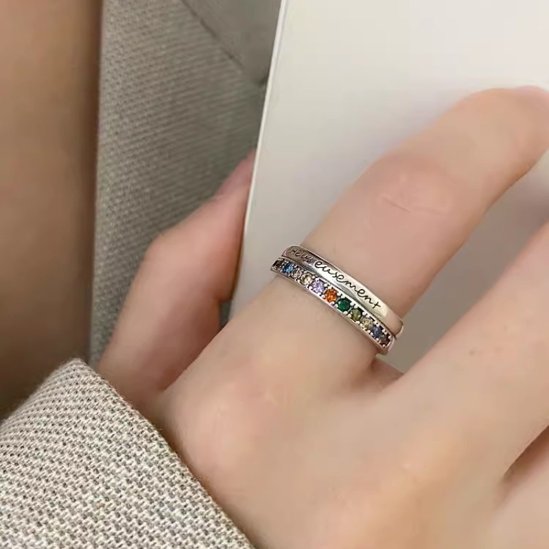 精緻彩色鋯石戒指女復古重工字母雙層開口指環嘻哈時尚個性食指戒