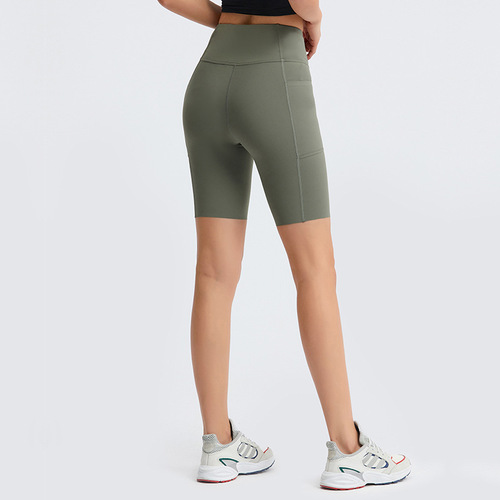 Cross-border new solid color side pocket quarter yoga pants brushed nude running fitness sports shorts