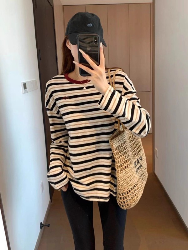 KK822美式复古 双纱针织刺绣宽松版撞色罗纹圆领落肩袖条纹T恤|undefined
