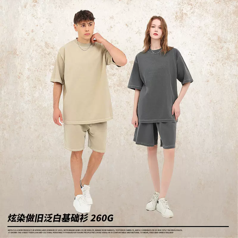 欧美重磅260g复古局部做旧T恤纯棉短袖水洗落肩oversize背心跨境
