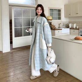 实拍蓝色人字纹中长款毛呢外套女秋冬季超火好看高级小众加厚呢子