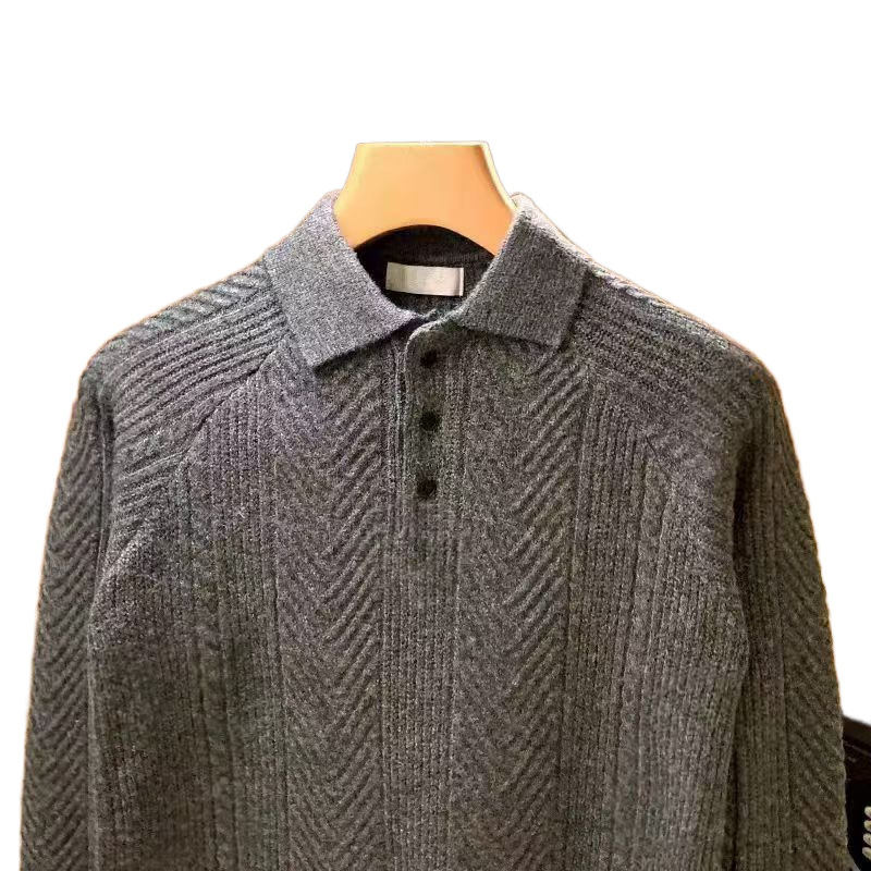 Herrenbekleidung Retro Minimalistischer Jacquard Textur Revers Pullover Top Einfarbig Schmaler Pullover für Herren_voghion.com