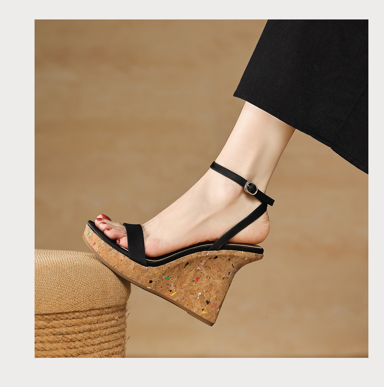 Sandal cao gót nữ quai ngang hở mũi đế xuồng gót 9 cm — màu đen, bạc chi tiết 11