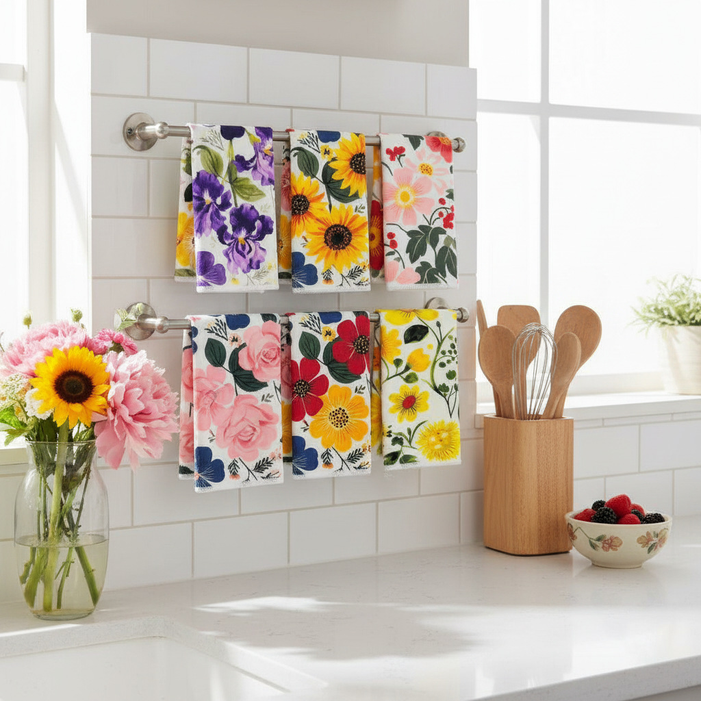 抹布厨房批发繁花餐垫巾跨境temu代贴标厨房巾国外印花日用抹布