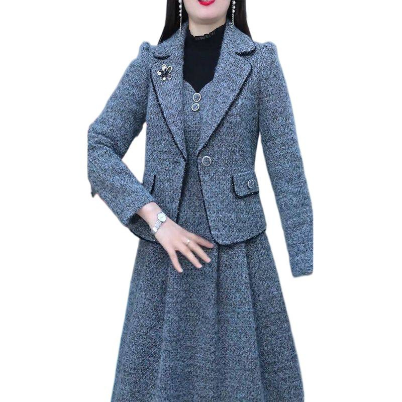 长袖连衣裙套装女2025春秋新款小香风外套显瘦时尚两件套裙子|undefined